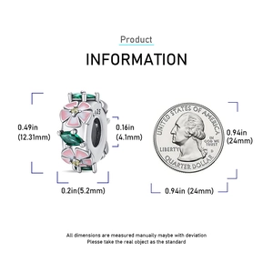 Detailed size comparison of S925 silver pink floral charm with green gemstone and coin