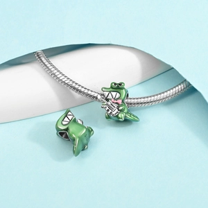 S925 Sterling Silber Armband mit grünen Emaille Dinosaurier Anhängern und Gitarre