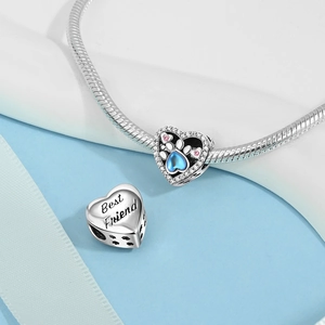 Macro detail of silver heart charm with blue paw and Best Friend engraving on chain