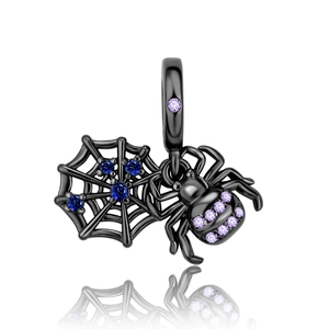 Gothic black gold plated spider and web pendant with purple and blue zircon stones