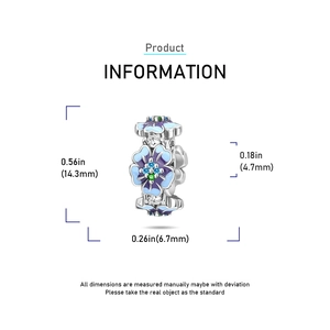 Macro detail of S925 sterling silver flower charm showing blue enamel and 14.3mm height