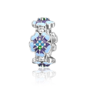 Detailed view of S925 silver flower charm with blue enamel and colorful rhinestones