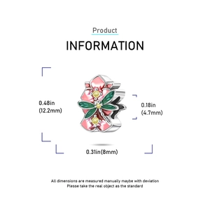 Detailed view of pink floral enamel charm with dragonfly and size 12.2mm measurements
