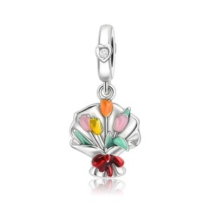 Detail of flower bouquet charm with colorful enamel and heart engraved clasp