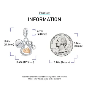 Detailed size chart for S925 silver baby footprint charm with dimensions and coin reference