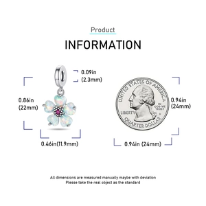 Detailed view of blue flower charm with size dimensions and 22mm height scale