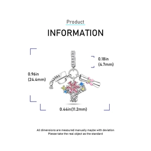 Detailed view of silver graduation charm with colorful crystals and 24.4mm height specs