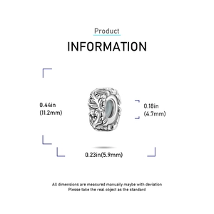 Detailed dimensions of silver barrel charm with leaf engravings and small cubic zirconia stone