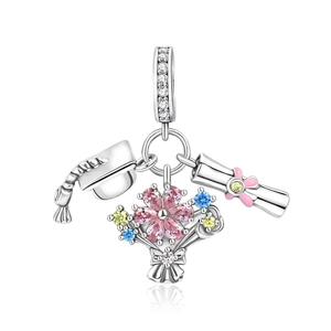 Detailed S925 silver graduation charm with mortarboard, pink flower bouquet and scroll