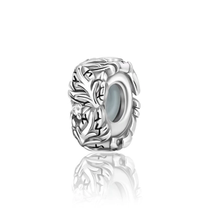 Silver leaf engraved spacer charm with crystal accent and polished mirror reflection