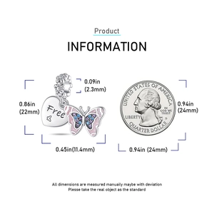 Detailed view of silver butterfly charm with purple enamel and dimensions next to a coin