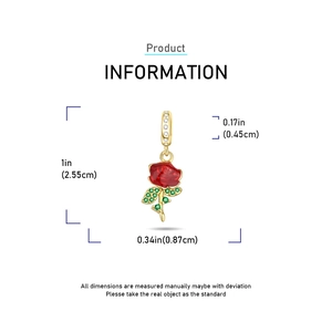 Detailed dimensions of rose flower charm in red enamel and gold finish with measurements