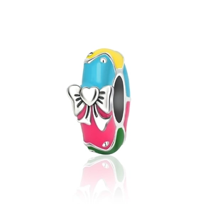 Macro detail of colorful enamel spacer bead with silver heart bow for DIY jewelry making