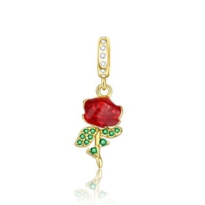 Close-up of red enamel rose flower charm with green zircons and gold plating detail