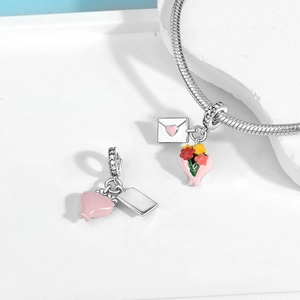 Silver DIY charms with pink enamel heart envelope and rose bouquet for snake chain