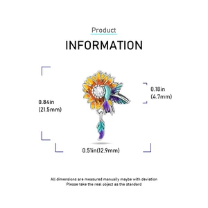 Detailed size chart for silver hummingbird sunflower charm with 21.5mm height dimension