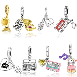 Colgantes de Charms de Bricolaje de Cobre Plateado de la Serie Musical para Pulseras Cinta Vintage Gramófono Radio Nota Musical Joyería para Mujeres