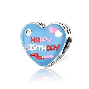 Abalorio de corazón de plata con esmalte azul y texto Happy Birthday para pulseras DIY