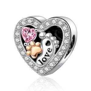 Detailed heart charm pendant with pink gemstone and rose gold pet paw print engraving