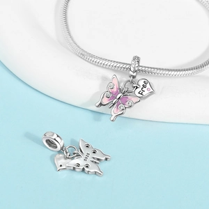 S925 sterling silver butterfly and heart charm with pink enamel and Free engraving