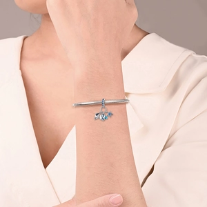 Nahaufnahme Silber Schlangenarmband mit blauen Fisch und Seestern Meeresanhängern