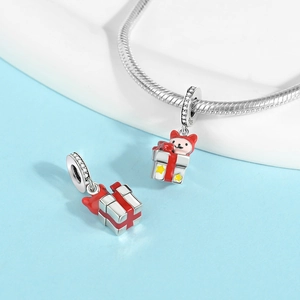 Detail of S925 silver cat gift box charm with colorful enamel and sparkling stones