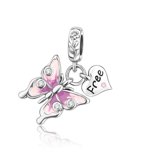 Silver butterfly heart charm with pink enamel and Free engraving on white background