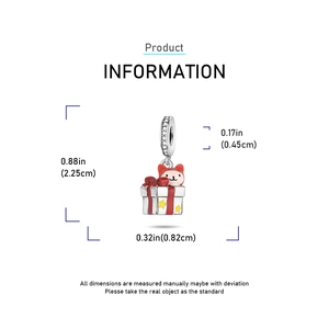 Detailed view of a silver Christmas gift box charm with a cute cat and red ribbon