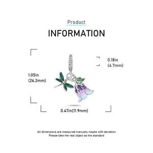 Macro detail of dragonfly and bellflower pendant with sizing measurements in mm and inches