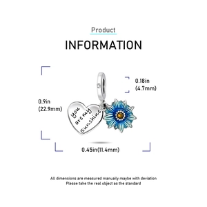 Silver sunshine heart and blue daisy dragonfly charm with 22.9mm dimension display