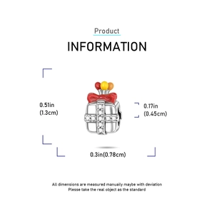 Detailed dimensions of silver gift box charm with red bow and colorful balloons