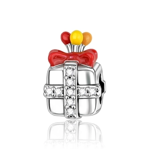 Silver gift box charm with colorful balloons and red bow for DIY jewelry making