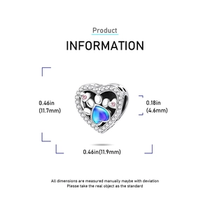 Detailed dimensions of silver heart paw print charm with blue and pink enamel