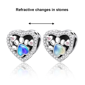 Silver paw print heart charm with color-changing stone for DIY bracelets and necklaces