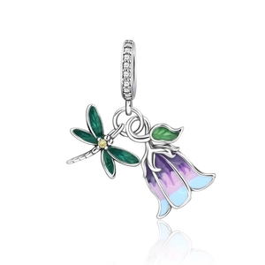 Silver dragonfly and lily of the valley charm with green enamel and crystals