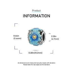 Detailed size specifications for a silver dragonfly and bee charm with blue enamel petals