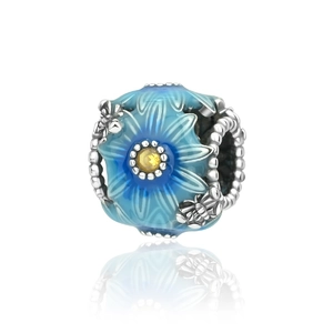 Silver dragonfly series blue enamel flower charm bead with yellow crystal for DIY jewelry