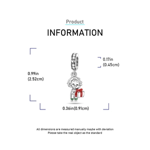 Detail of silver cartoon boy pendant with red gift box and dimensions 2.52cm by 0.91cm