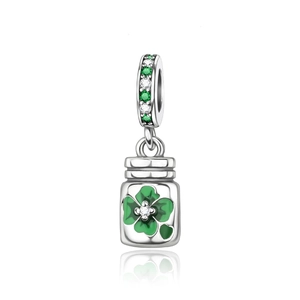 Silver clover charm pendant with green leaf pattern and sparkling cubic zirconia stones