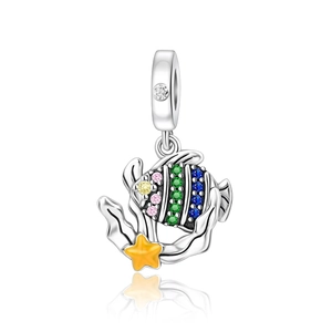 Detailed macro of tropical fish charm with colorful zircons and yellow enamel starfish