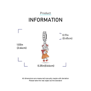 Detail of silver girl charm with orange dress and gift box showing precise dimensions