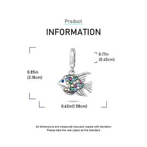Detailed size specifications for silver fish charm with colorful cubic zirconia