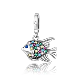 Close-up of S925 silver tropical fish charm with colorful stones and fin textures