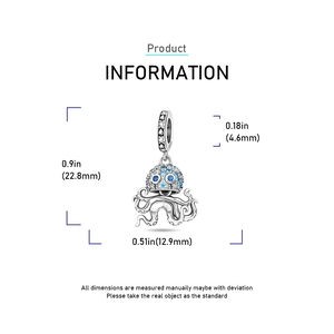 Detailed size chart of octopus charm pendant with blue cubic zirconia stones