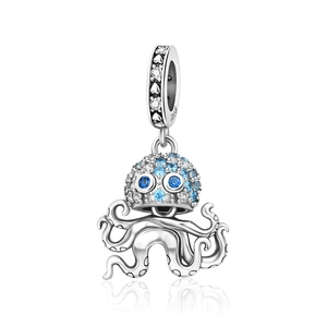 S925 sterling silver octopus pendant with blue cubic zirconia stones on white background