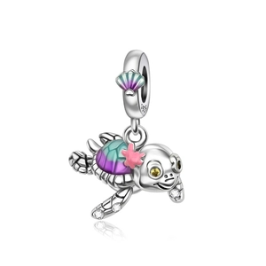 Detail of S925 sterling silver sea turtle pendant with colorful enamel and star decor
