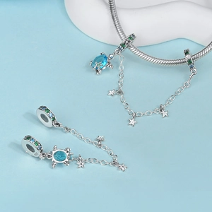 Cadena de seguridad océano plata S925 con tortuga y estrella de mar azul en pulsera