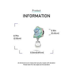 Blue enamel shell charm with white pearl detail showing height and width measurements