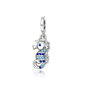 Exquisite S925 sterling silver seahorse charm with blue zircon stones and silver plating