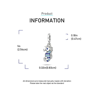 Detailed size specifications of silver seahorse charm with blue sapphire stones